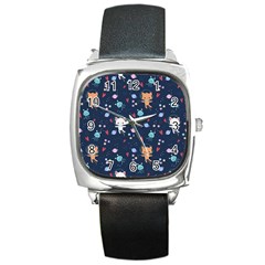 Cute Astronaut Cat With Star Galaxy Elements Seamless Pattern Square Metal Watch by Vaneshart