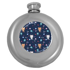 Cute Astronaut Cat With Star Galaxy Elements Seamless Pattern Round Hip Flask (5 Oz) by Vaneshart