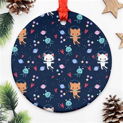 Cute Astronaut Cat With Star Galaxy Elements Seamless Pattern Round Ornament (two Sides) by Vaneshart