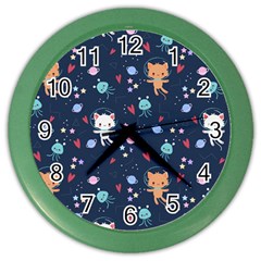 Cute Astronaut Cat With Star Galaxy Elements Seamless Pattern Color Wall Clock by Vaneshart