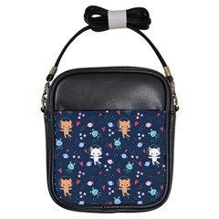 Cute Astronaut Cat With Star Galaxy Elements Seamless Pattern Girls Sling Bag by Vaneshart