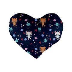 Cute Astronaut Cat With Star Galaxy Elements Seamless Pattern Standard 16  Premium Heart Shape Cushions by Vaneshart