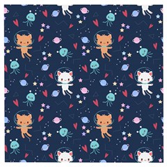 Cute Astronaut Cat With Star Galaxy Elements Seamless Pattern Wooden Puzzle Square by Vaneshart