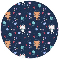 Cute Astronaut Cat With Star Galaxy Elements Seamless Pattern Wooden Puzzle Round by Vaneshart