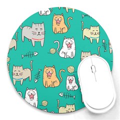 Seamless Pattern Cute Cat Cartoon With Hand Drawn Style Round Mousepads by Vaneshart