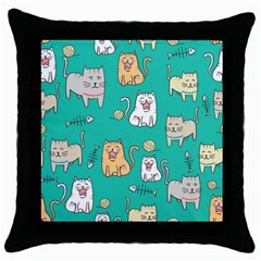 Seamless Pattern Cute Cat Cartoon With Hand Drawn Style Throw Pillow Case (black) by Vaneshart