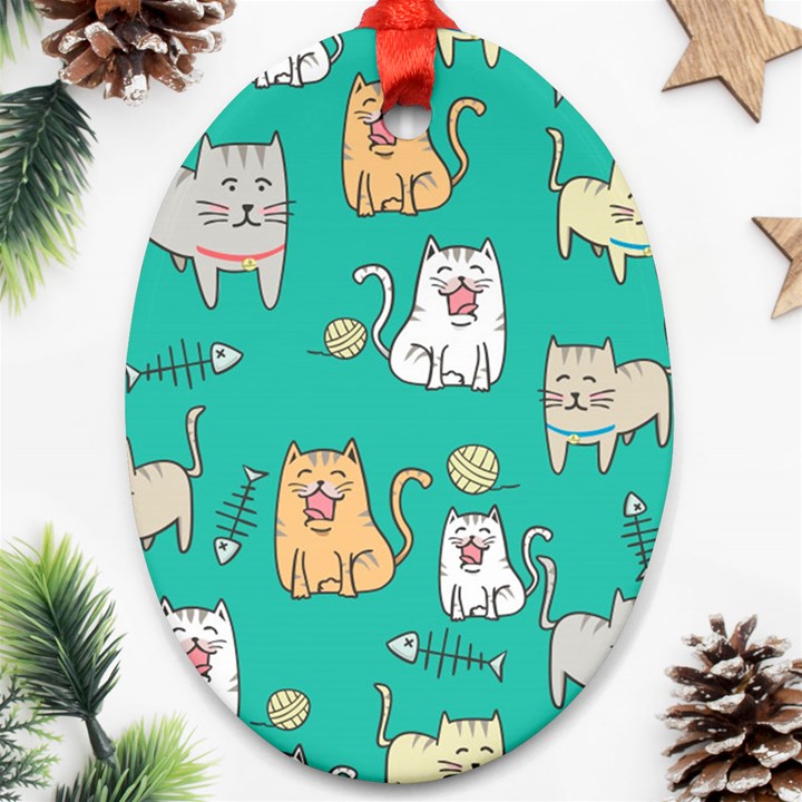 Seamless Pattern Cute Cat Cartoon With Hand Drawn Style Oval Ornament (Two Sides)