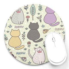 Funny Cartoon Cats Seamless Pattern  Round Mousepads by Vaneshart