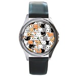 Cute Cat Kitten Cartoon Doodle Seamless Pattern Round Metal Watch Front