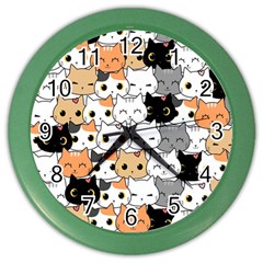 Cute Cat Kitten Cartoon Doodle Seamless Pattern Color Wall Clock by Vaneshart