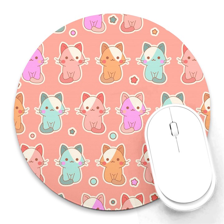 Cute Kawaii Kittens Seamless Pattern Round Mousepads