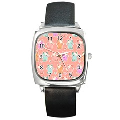 Cute Kawaii Kittens Seamless Pattern Square Metal Watch by Vaneshart