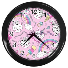 Beautiful Cute Animals Pattern Pink Wall Clock (black) by Vaneshart