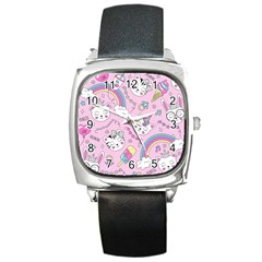 Beautiful Cute Animals Pattern Pink Square Metal Watch by Vaneshart