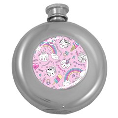 Beautiful Cute Animals Pattern Pink Round Hip Flask (5 Oz) by Vaneshart