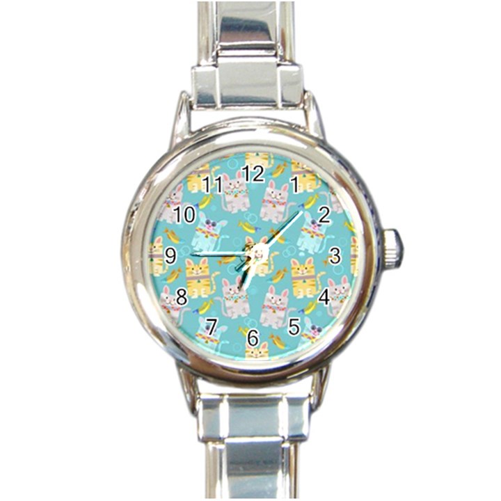 Vector Seamless Pattern With Colorful Cats Fish Round Italian Charm Watch