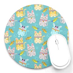 Vector Seamless Pattern With Colorful Cats Fish Round Mousepads by Vaneshart