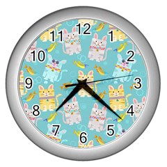 Vector Seamless Pattern With Colorful Cats Fish Wall Clock (silver) by Vaneshart