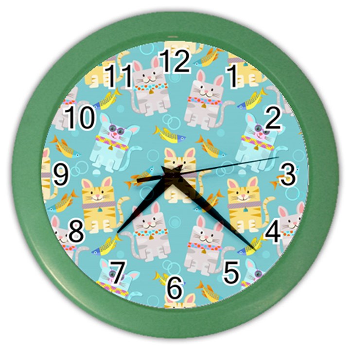 Vector Seamless Pattern With Colorful Cats Fish Color Wall Clock