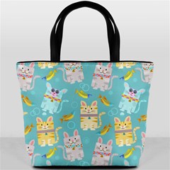 Vector Seamless Pattern With Colorful Cats Fish Bucket Bag by Vaneshart