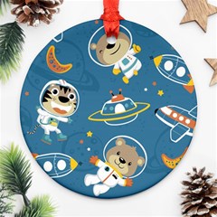 Seamless Pattern Funny Astronaut Outer Space Transportation Ornament (round) by Vaneshart