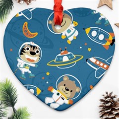 Seamless Pattern Funny Astronaut Outer Space Transportation Ornament (heart) by Vaneshart