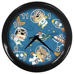 Seamless Pattern Funny Astronaut Outer Space Transportation Wall Clock (black)