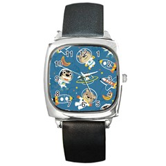 Seamless Pattern Funny Astronaut Outer Space Transportation Square Metal Watch by Vaneshart