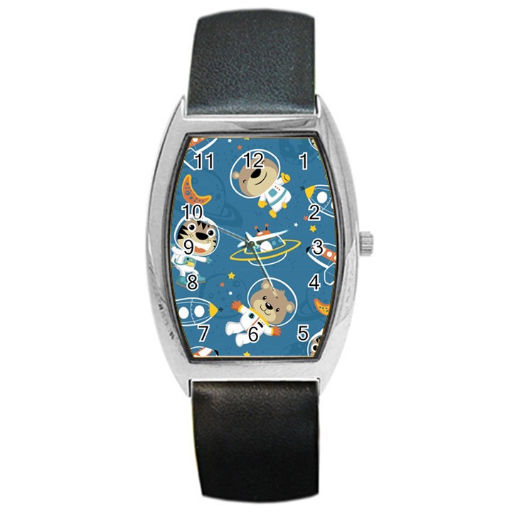 Seamless Pattern Funny Astronaut Outer Space Transportation Barrel Style Metal Watch