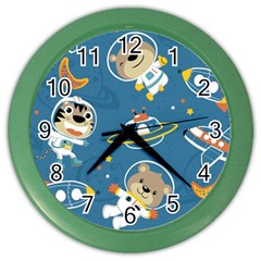 Seamless Pattern Funny Astronaut Outer Space Transportation Color Wall Clock