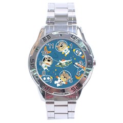 Seamless Pattern Funny Astronaut Outer Space Transportation Stainless Steel Analogue Watch by Vaneshart