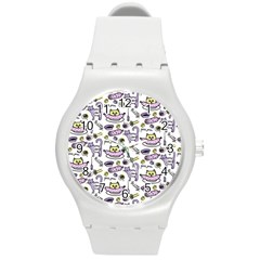 Hand Drawn Cute Cat Pattern Round Plastic Sport Watch (m) by Vaneshart