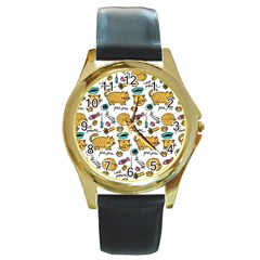 Hand Drawn Kitten Pattern With Elements Round Gold Metal Watch by Vaneshart