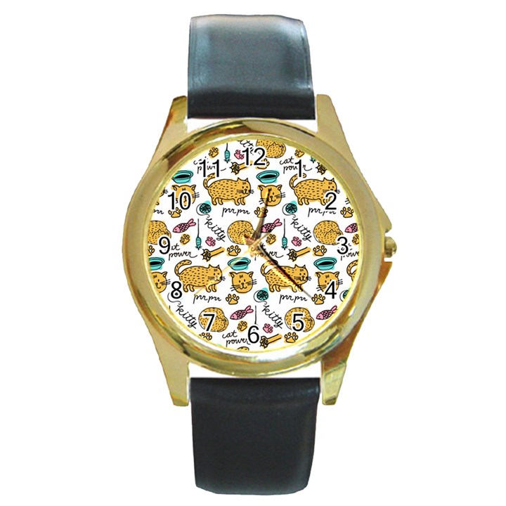 Hand Drawn Kitten Pattern With Elements Round Gold Metal Watch