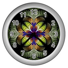 Fractal Flower Fantasy Design Wall Clock (silver) by Wegoenart