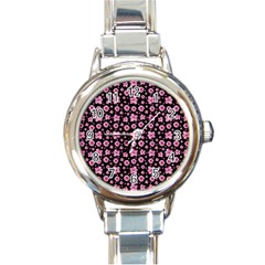 Pink And Black Floral Collage Print Round Italian Charm Watch by dflcprintsclothing