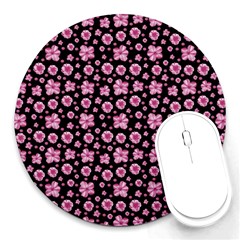 Pink And Black Floral Collage Print Round Mousepads by dflcprintsclothing