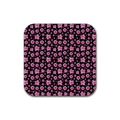 Pink And Black Floral Collage Print Rubber Coaster (square) 