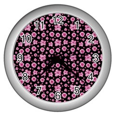 Pink And Black Floral Collage Print Wall Clock (silver) by dflcprintsclothing