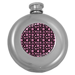 Pink And Black Floral Collage Print Round Hip Flask (5 Oz) by dflcprintsclothing