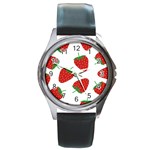 Seamless Pattern Fresh Strawberry Round Metal Watch Front