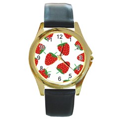 Seamless Pattern Fresh Strawberry Round Gold Metal Watch by Wegoenart