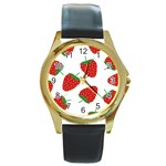 Seamless Pattern Fresh Strawberry Round Gold Metal Watch Front