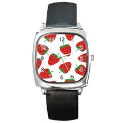 Seamless Pattern Fresh Strawberry Square Metal Watch by Wegoenart