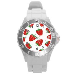 Seamless Pattern Fresh Strawberry Round Plastic Sport Watch (l) by Wegoenart