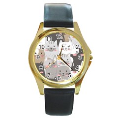 Cute Cats Seamless Pattern Round Gold Metal Watch by Wegoenart