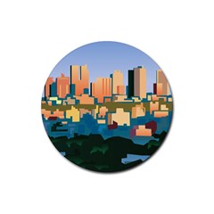 City Buildings Urban Dawn Rubber Coaster (round)  by Wegoenart