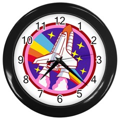 Pink Rainbow Rocket Wall Clock (black) by Wegoenart