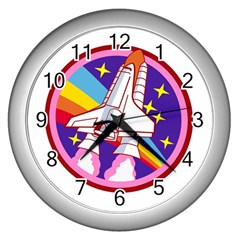 Pink Rainbow Rocket Wall Clock (silver) by Wegoenart