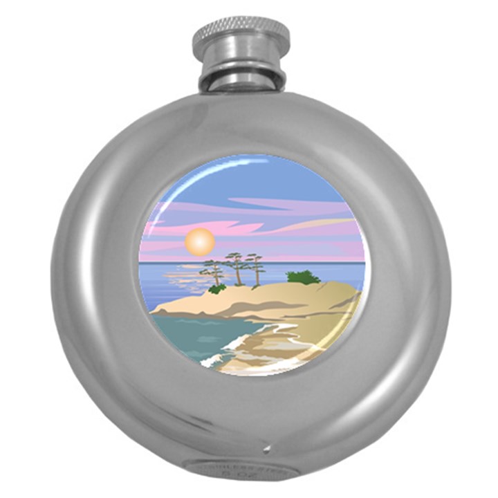 Vacation Island Sunset Sunrise Round Hip Flask (5 oz)